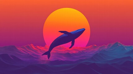 Whale breaching against a vibrant sunset over calm ocean waves. Generative AI