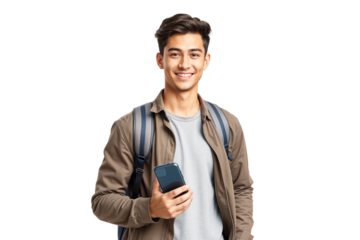 Portrait of a young handsome college student holding smartphone, isolated on white background