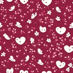 Hand-Drawn Pattern with Hearts, Flowers, and Birds in Pink and White on a Burgundy Background &ndash; Perfect for Celebrating the Chinese New Year and Special Occasions