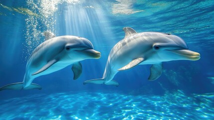Fototapeta premium Two dolphins swimming in clear blue ocean water with sunlight streaming through the surface