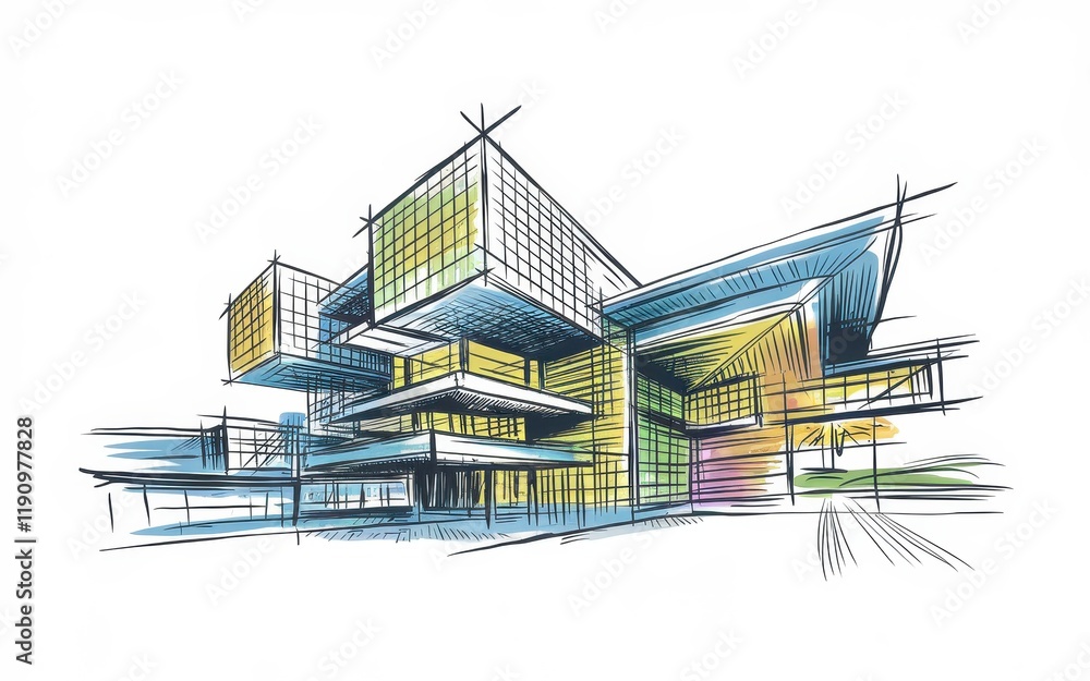 Poster modern architectural sketch of a complex building design