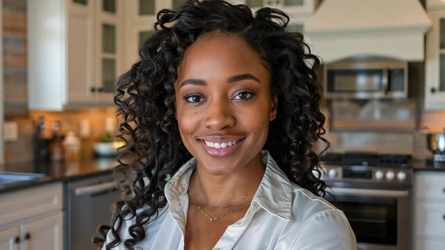 Smiling woman in a bright kitchen showcases culinary skills and home cooking lifestyle in a modern environment