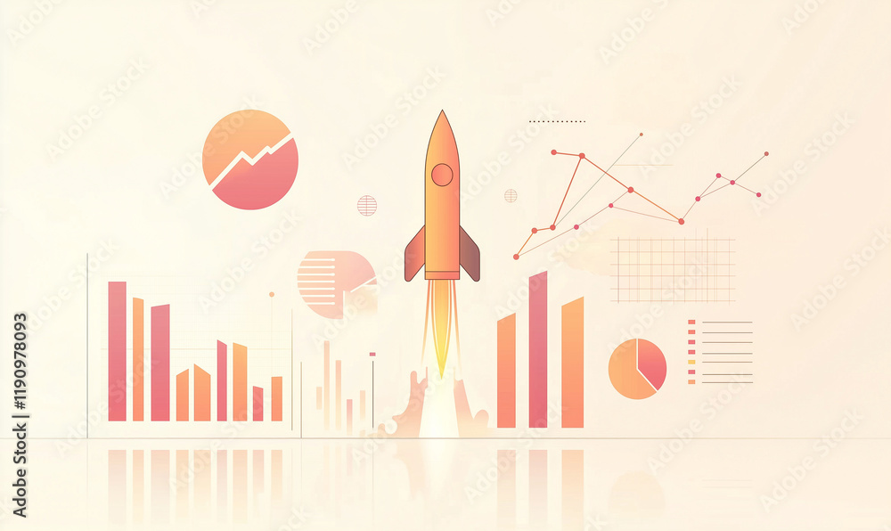 Poster rocket launching with data charts and graphs, symbolizing growth and innovation in business.