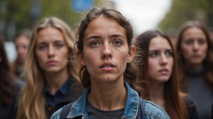 Obraz premium Young women participating in a silent protest on a city street in autumn