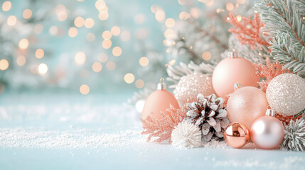 Elegant Pastel Christmas Ornaments and Pine Cones on a Snowy Surface with Sparkling Lights