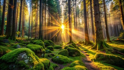 Obraz premium Sunlit conifers, majestic rocks, deep focus; an enchanting fairytale forest.