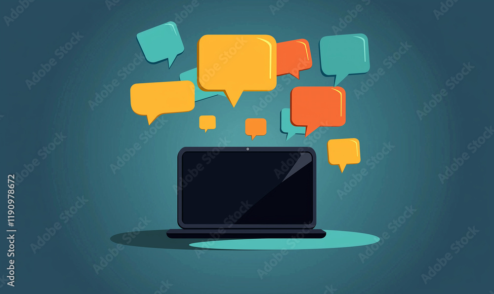 Poster laptop with colorful speech bubbles representing communication and online interaction.