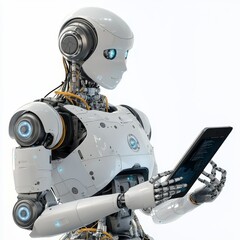 AI Robot Using Tablet Digital Concept, White and Silver Robotic Design, 3D Render, AI Technology AI, Robotics