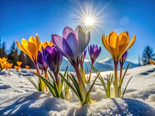 Sunny spring day, crocus silhouettes etched against the snow.