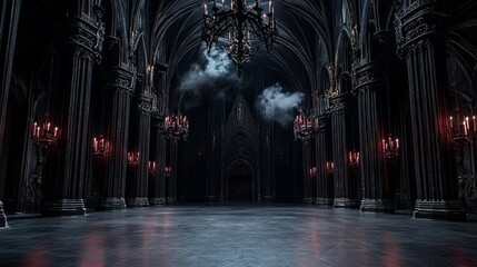 Obraz premium Dark Gothic Cathedral Hall Digital Painting, Smoke, Candles, Black Architecture, 3D Render. Dark Fantasy, Gothic Art