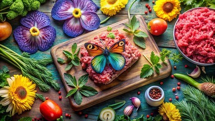 Raw Ground Meat & Peacock Butterfly: Culinary Top-Down Photography