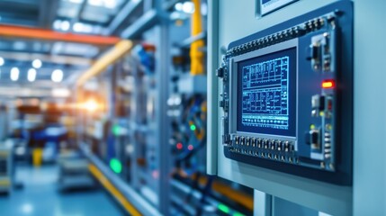 Human machine interface showing data from automated production line, ensuring efficient manufacturing process in high tech industrial environment