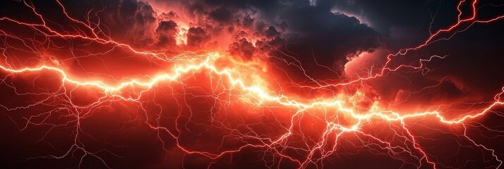 Fiery Red Lightning Storm Dramatic Cloudscape, Branching Bolt Composition, Intense Energy, Digital Art, Thunderstorm lightning, storm