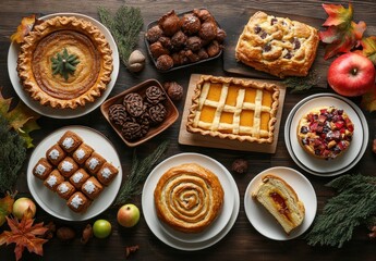 A Delicious Array of Autumn Desserts Featuring Pies, Pastries, and Assorted Treats Displayed on a Rustic Wooden Table Surrounded by Seasonal Decor