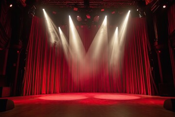 Large stage with theater spotlight on red curtain. Background to present classic and luxurious work.