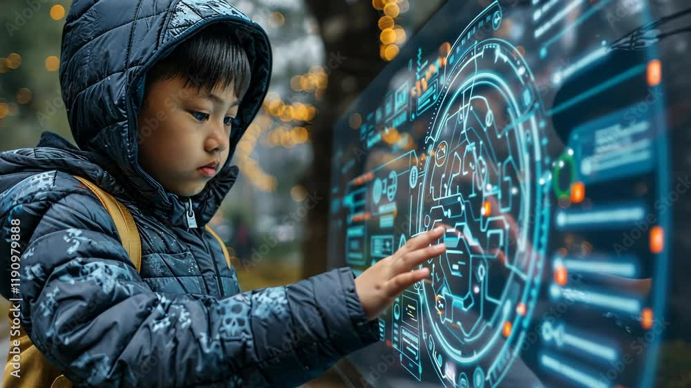 Poster young child interacts with digital display exploring technology in winter setting