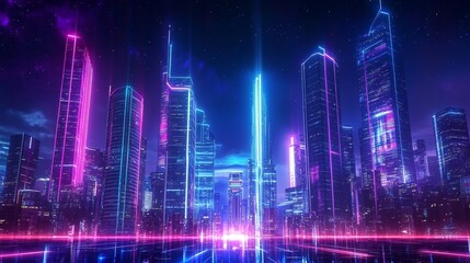 Obraz premium Neon Cityscape Digital Art, Night View, Futuristic Architecture, Cyberpunk, 80s Retro Cyberpunk, Synthwave