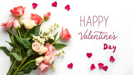 Happy valentines day with flower bouquet on white background. Top view, flatlay