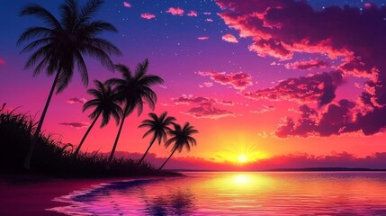 Pink Sunset Beach Tropical Palm Trees Silhouette, Vibrant Sky, Digital Art, Ocean View, Summer Vacation Tropical, Sunset