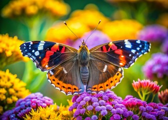 Obraz premium Red Admiral Butterfly on Vibrant Flowers, Close-up Macro Photography