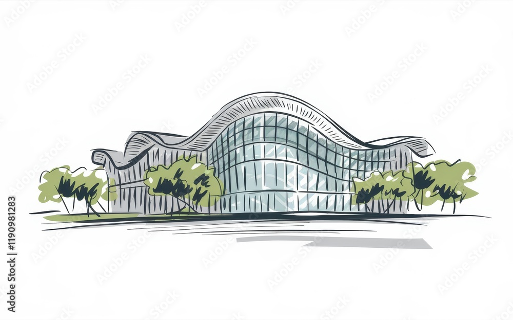 Poster modern building sketch with surrounding trees