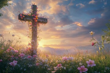 Cross adorned with spring flowers