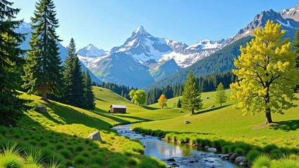 A serene stream meanders through lush green fields, bordered by rocks and a lone tree under a radiant sun. Gentle ripples catch light as nature's calm unfolds