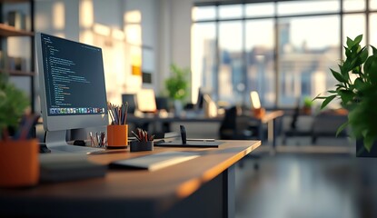 3D rendering of an office with desks and computers, blurred background