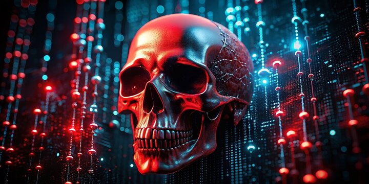 Red Binary Skull Hacker Data Animation - Cyber Security Stock Photo