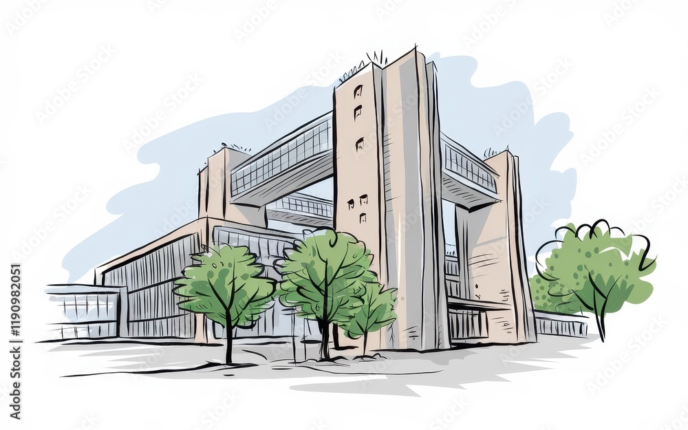 Poster modern building sketch with trees and sky
