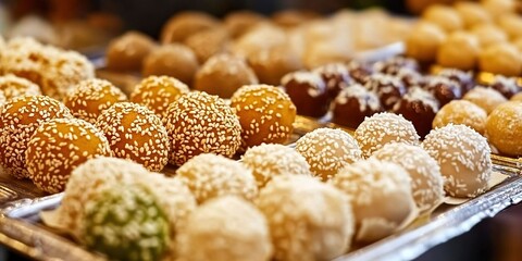 A display of sweet and inviting traditional Indian sweets, decorated with sesame seeds, in various shapes like round or spherical, arranged on platters.