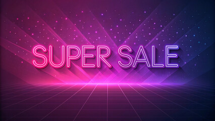 Neon Super Sale Text with Glowing Purple Background