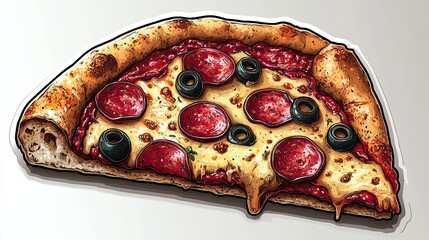 Sticker art illustrates a slice of pizza with pepperoni, olives, and cheese, representing fast food in a cartoon style for animation or creative emblems