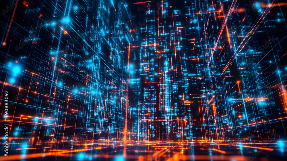 Poster futuristic digital data network with glowing lights and abstract geometry