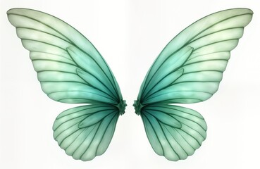Pair of delicate teal fairy wings isolated on white background. Wings show intricate feather design. Graphic artistic illustration suitable for fantasy themes. Elegant, dreamy look with soft light. © Maryna
