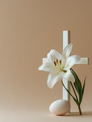 Fototapeta premium Minimalist Composition of a White Lily Flower with a Cross and an Egg on a Neutral Background for Easter and Spring Celebrations