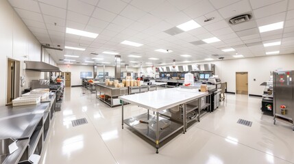 Fototapeta premium Modern commercial kitchen with stainless steel equipment and spacious layout for food preparation.