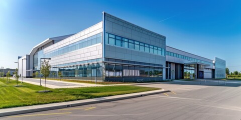 Modern industrial building with large windows and landscaped surroundings.