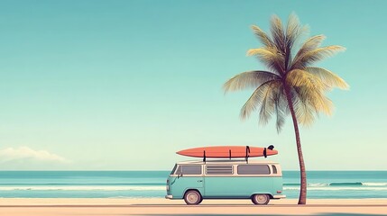 Vintage campervan with surfboards on the roof stands near a palm tree and the ocean, in pastel colors, a summer vacation concept, on an isolated background