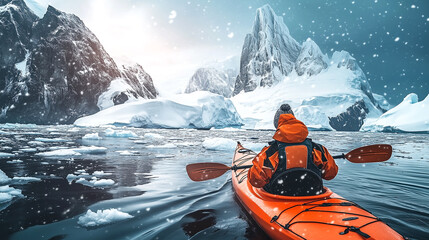Adventurous kayaking expedition among icy waters and towering glaciers in winter