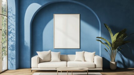 Serene Blue Living Room Interior Design with Modern Sofa and Plant