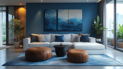 Abstract Blue Wall Art in a Modern Living Room. Generative AI