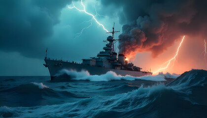 Fototapeta premium Battleship Braving a Dramatic Tempest Dark, Intense Seascape