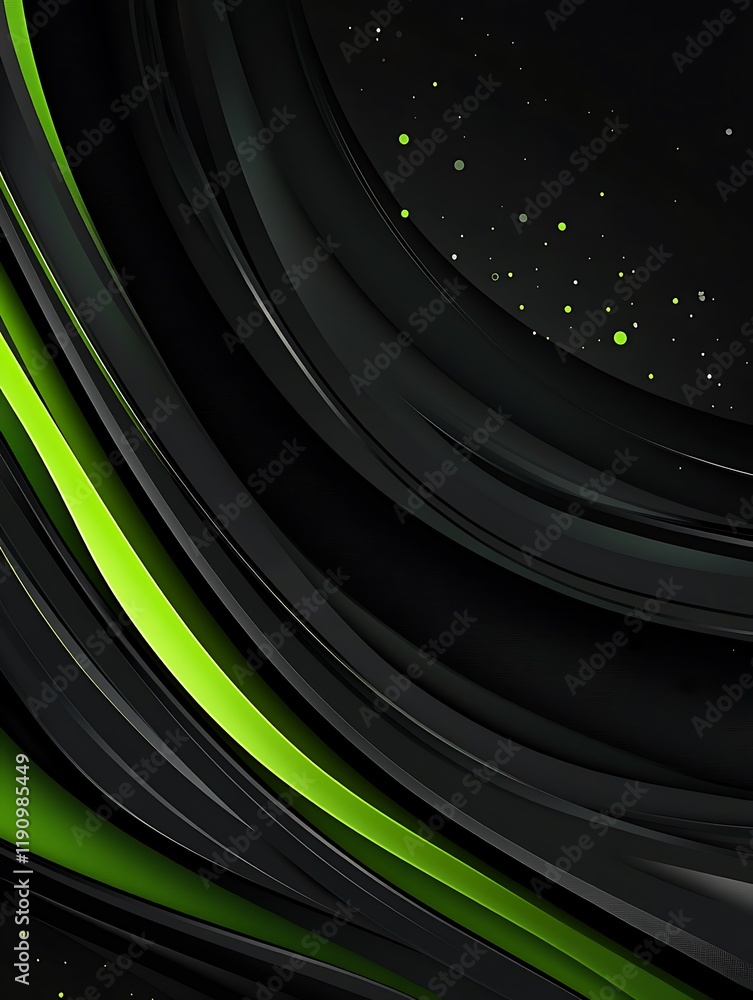 Poster abstract green and black swirling lines with sparkles, digital background