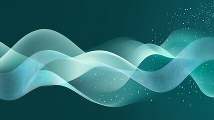 Teal abstract background with flowing light wave and particles