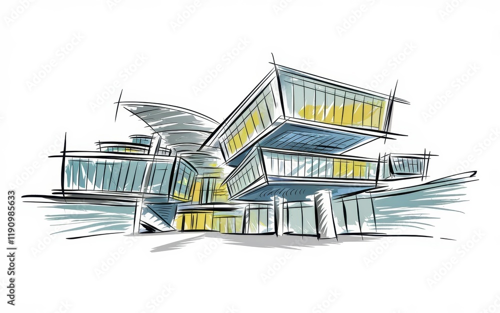 Poster modern architectural sketch of a multi level building