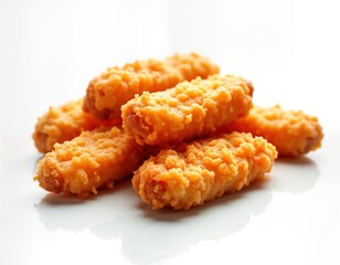 Crispy fried chicken fingers piled on a white surface. Golden-brown and delicious looking. Ready to eat snack. Perfect food for lunch or dinner. Fast food for a quick meal.