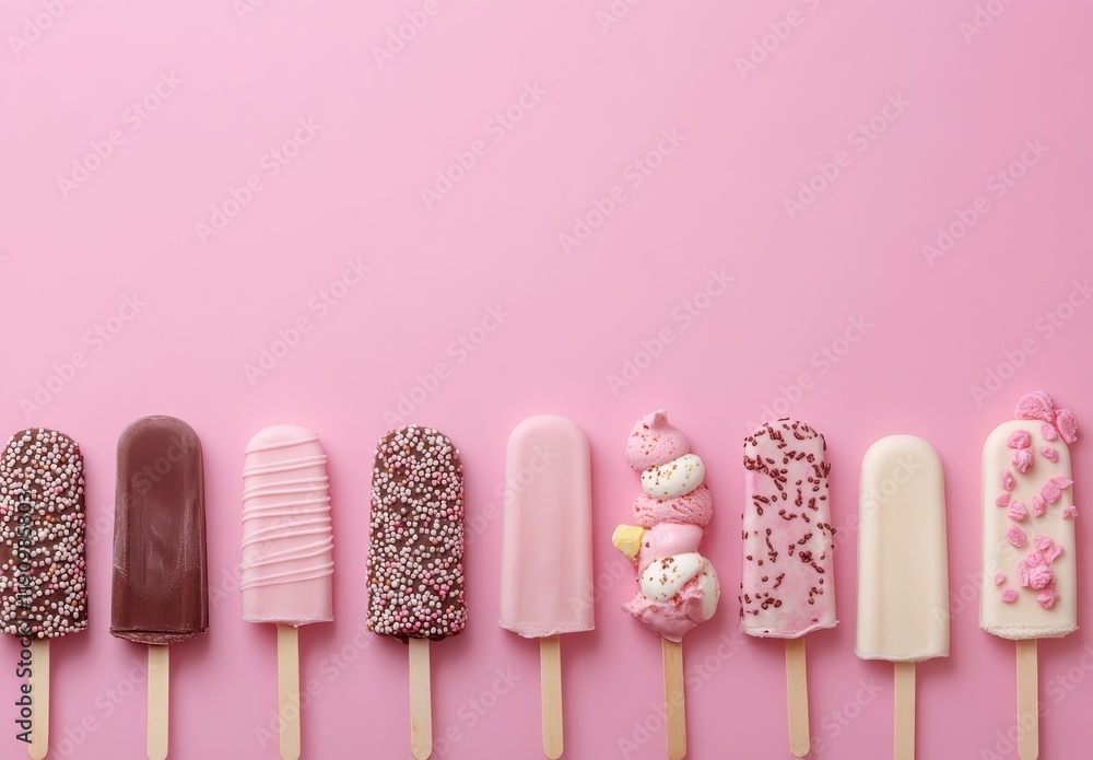 Poster an array of delicious ice cream bars on a soft pink background featuring various toppings and colors