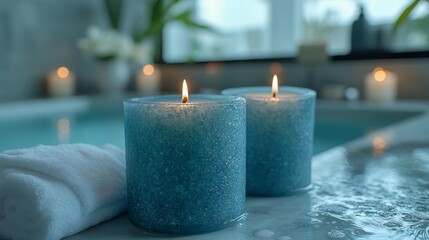 Elegant Blue Candles in a Luxurious Bathroom. Generative AI