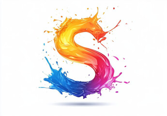 vibrant, colorful letter S created with splashes of paint, blending orange, blue, and pink hues on white background. dynamic design conveys creativity and energy